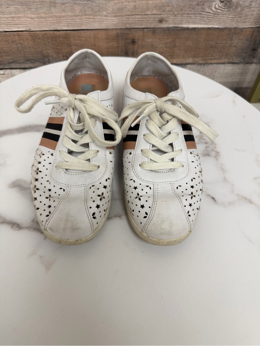 Nine West White Sneaker With Pink and Black Stripes